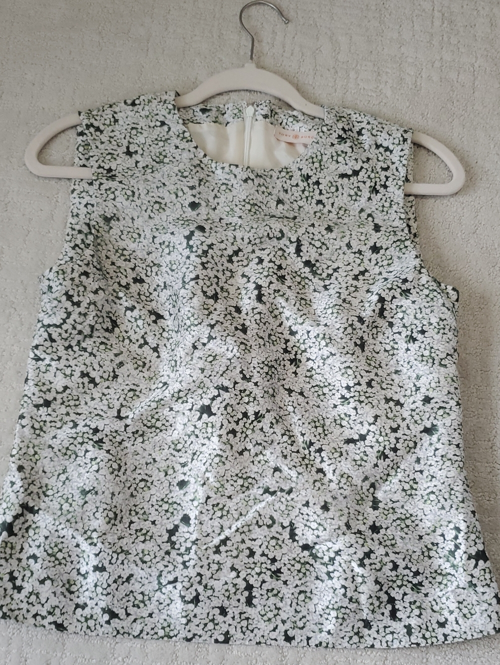 Tory Burch White and Dark Green Floral Jacquard Sleeveless Top